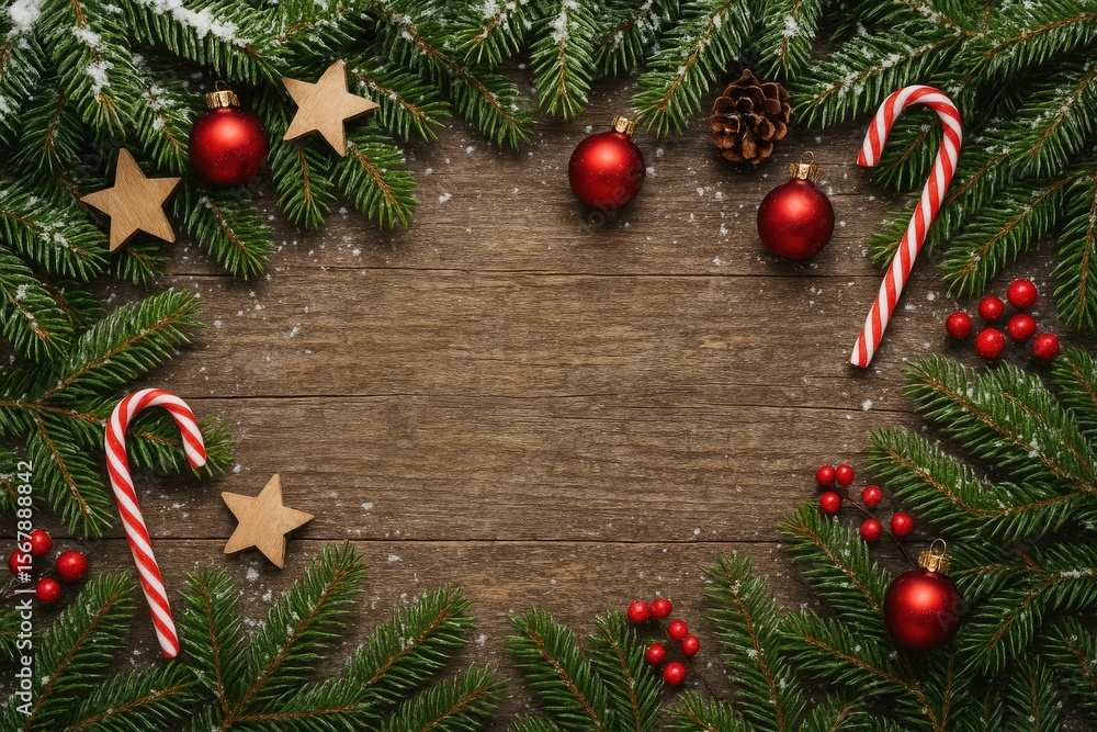 Poster festive holiday scene featuring a pine tree and ornaments from a top-down perspective with empty spa