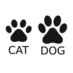 Cat and Dog Paw Print Silhouettes Vector Icons with Labels