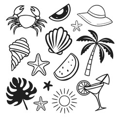 Summer Vacation Black and White Doodle Set Tropical Beach Elements Crab Starfish Watermelon