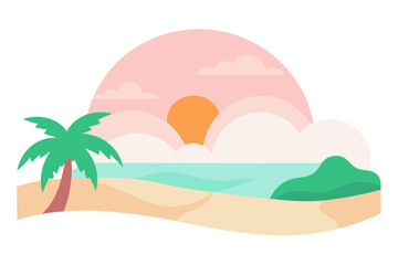 Tropical Beach Sunset with Palm Trees and Ocean Waves