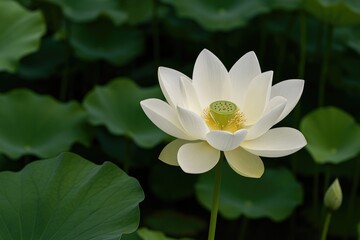 Detailed view of a water lily and its surrounding aquatic plants