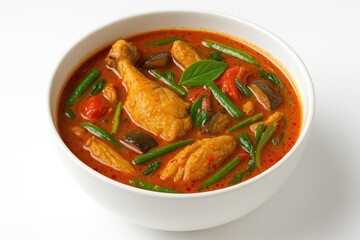 Fototapeta premium Close-up of a porcelain bowl filled with chicken jungle curry against a white backdrop