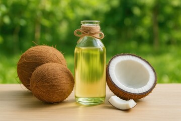 Tropical coconut produce and oil set against a natural scenery