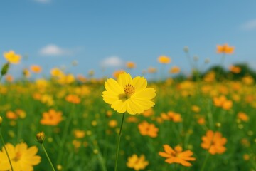 Bright yellow cosmos flowers in full bloom across the meadow