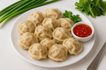 Tasty handcrafted dumplings served on a white dish with spicy chili sauce and fresh green onion