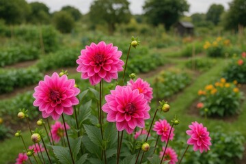 Colorful dahlias in full bloom on a community garden plot