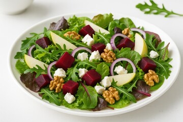Healthy mixed greens salad with beetroot, cheese, pear, nuts, and fresh vegetables on a white table