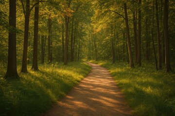 Fototapeta premium Vivid landscape featuring a lush woodland with a sunlit trail