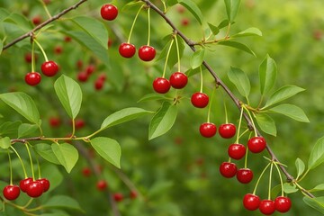 Vivid cherry tree branches adorned with ripe berries