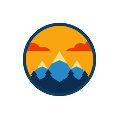 A Scenic Mountain Landscape with a Sunrise in a Circular Badge Logo for Travel
