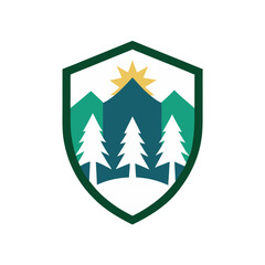 A Winter Pine Trees Logo with Snow and Sun in a Classic Shield Emblem Design