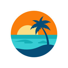 A Playful Beach Sunset Logo with a Palm Tree and Dolphin in a Circular Badge