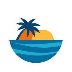 A Tranquil Sea Beach Sunset Logo with a Palm Tree in a Simple Circular Frame
