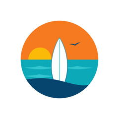 A Beautiful Surfboard on a Beach with a Sunset in a Round Vintage Style Logo