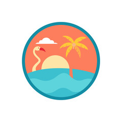 A Vibrant Tropical Island Logo with a Flamingo and Sun in a Circular Frame