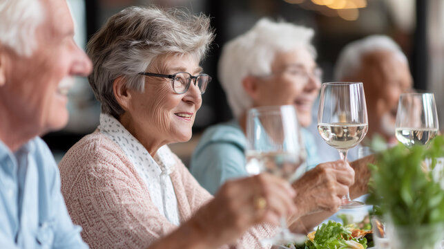 Happy elderly friends enjoying drinks and food together at retirement home celebration. Senior group smiling, socializing, and toasting with wine glasses in cheerful, relaxed atmosphere. - Powered by Adobe
