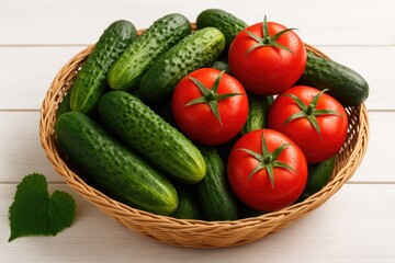 Fresh cucumbers and tomatoes arranged in a basket