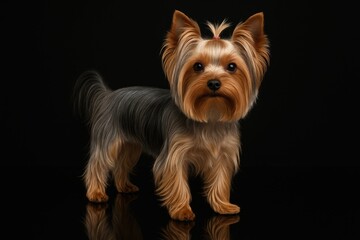 Fototapeta premium Detailed shot of a small dog with a fluffy coat on a dark reflective surface