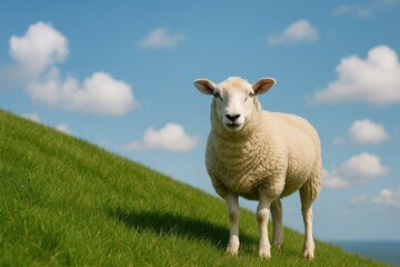 Fototapeta premium Inquisitive sheep perched on a hillside edge