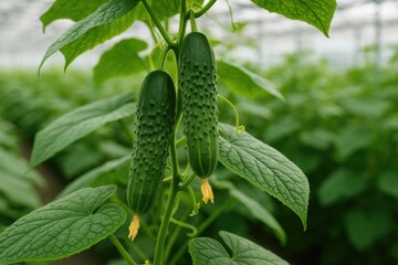 Detailed close-up of cucumbers growing on a vine inside a greenhouse