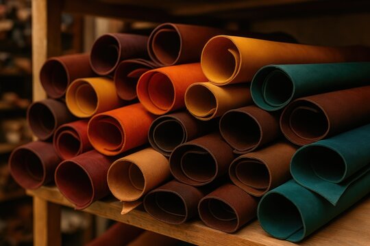 Vibrant natural vegetable-tanned leather displayed on a shop shelf in a handmade craft market - Powered by Adobe