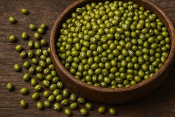 Close-up of dried mung beans on rustic wooden surface