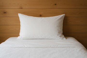 Detailed view of white bed linens and pillow against a wooden wall setting