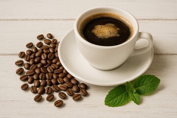 Obraz premium A cozy scene featuring a coffee mug, freshly roasted beans, and fresh mint leaves arranged on a white-painted wooden surface