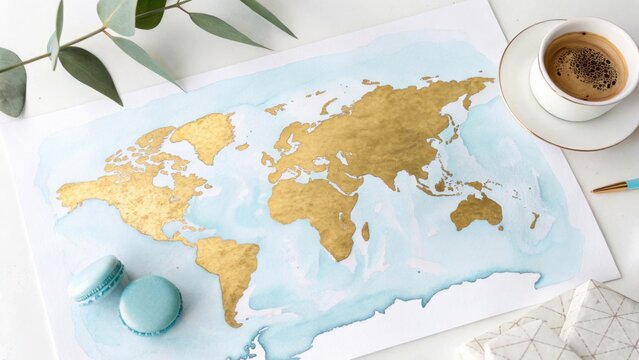 A beautiful watercolor world map with golden continents and a cup of coffee on a white desk