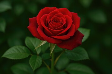 Detailed view of a vibrant crimson flower in full blossom, featuring soft petals and a thorny stem amidst lush foliage