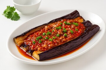 Delicious Chinese cuisine featuring grilled eggplant with savory sauce