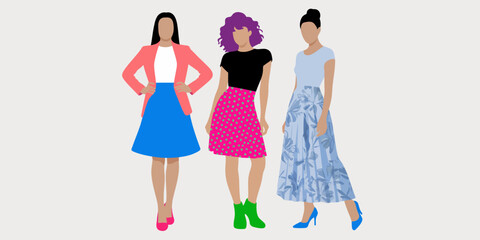 Fashion Trio: Three stylish women pose gracefully, showcasing diverse outfits against a minimalist background. Each ensemble expresses individuality and elegance.