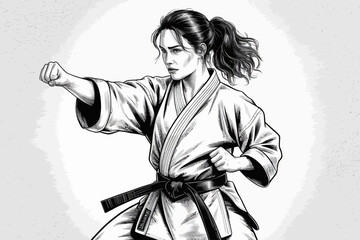 Karate Prowess: A determined female karateka executes a powerful punch, showcasing her martial arts expertise with focused intensity and disciplined technique, set against a clean background.