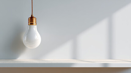 A white lightbulb hangs in a modern space, with shadows playing on the wall and a shelf below.
