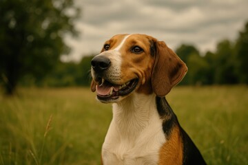 Close-up of a hound dog outdoors on a cloudy day