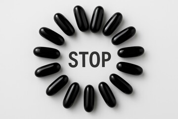 Obraz premium Black medication tablets within a circle labeled 'Stop' to symbolize pain relief. Healthcare concept on a plain white backdrop.