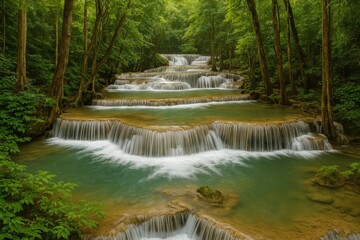 Naklejka premium Hidden gem among lush trees: the remote waterfall in dense jungle