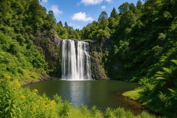 Obraz premium Scenic waterfall located within a regional park on a North Island nature reserve