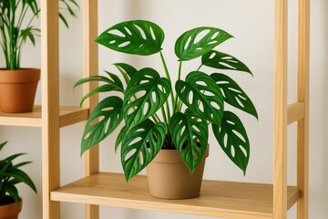 Close-up of a Monstera plant with a monkey mask in a decorative pot on a shelf