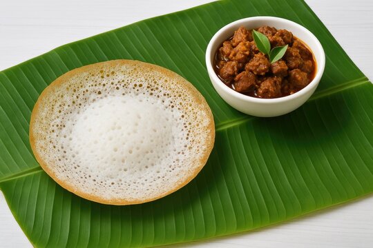 Traditional South Indian breakfast featuring rice flour pancakes served with a spicy meat curry on a banana leaf
