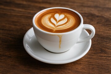 Obraz premium A steaming beverage served in a pristine white mug with remnants of coffee on the rim, placed on a wooden surface.