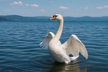 Obraz premium Silvery swan rising from tranquil waters on a serene lake in Europe