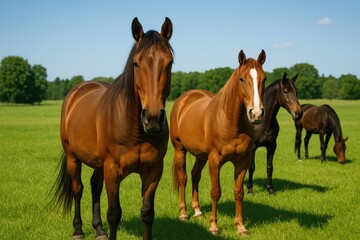Obraz premium Summer scene featuring horses grazing in a paddock