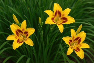 Obraz premium Bright Yellow and Red-Tubed Daylily: A Popular Perennial for Garden Displays