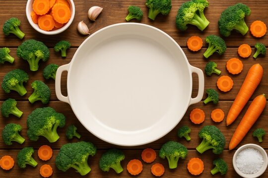 Minimalist white ceramic pan surrounded by fresh vegetables, ready for cooking or advertising space, ideal for stir-fry preparations - Powered by Adobe