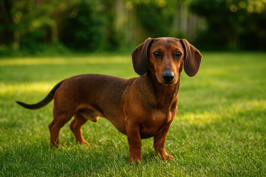 A canine hunter resting on a lush garden lawn