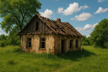 Obraz premium A deserted, dilapidated cottage in a rural setting
