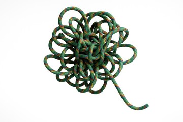 Chaotic Tangle of Climbing Rope Soaring Through the Air with Safety Gear, Isolated on White Background