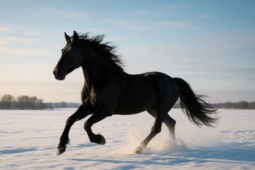 A horse sprints across a snowy meadow during winter