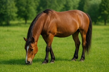 Fototapeta premium A horse feeding peacefully in a grassy field